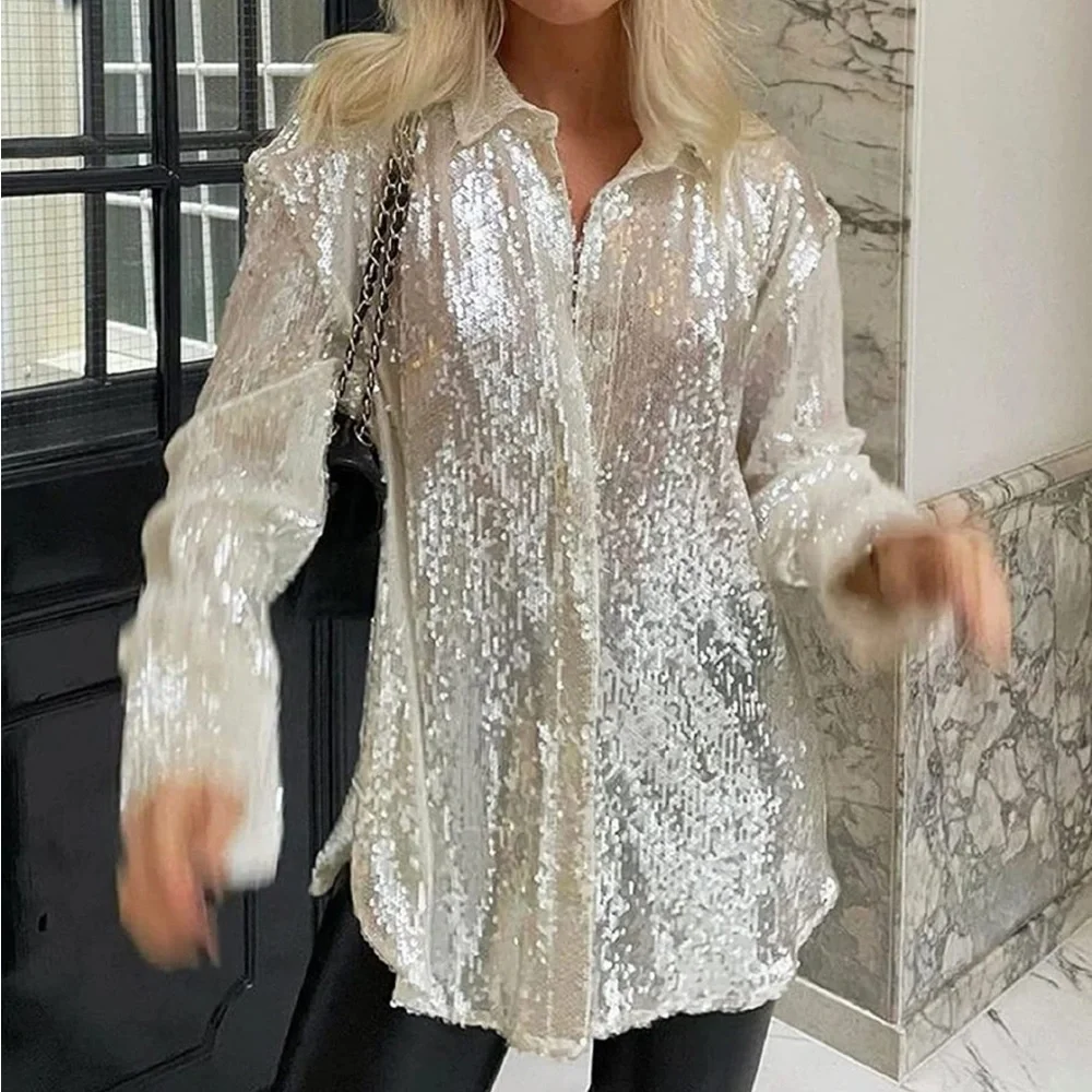 🎉New Sparkle & Shine Silver Long Sleeve Sequined Glitter Sheer Button Up Top - Picture 2 of 11